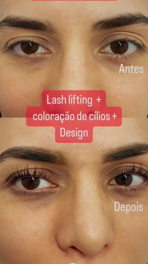 Antes e depois de lash lifting com coloração de cílios e design de sobrancelhas